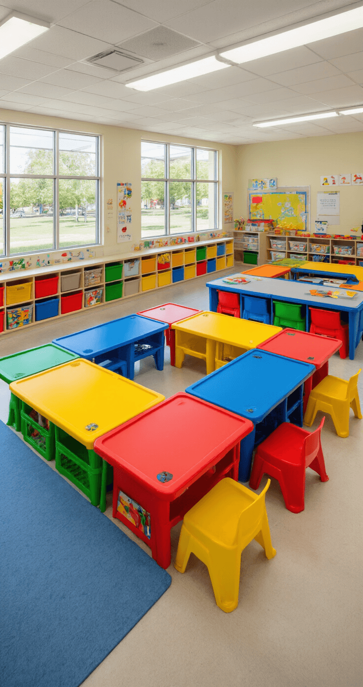 A vibrant elementary classroom featuring colorful plastic desks in primary colors arranged in playful clusters, with bright overhead lighting and rounded safety edges, showcasing visible storage compartments in a safe and engaging learning environment.