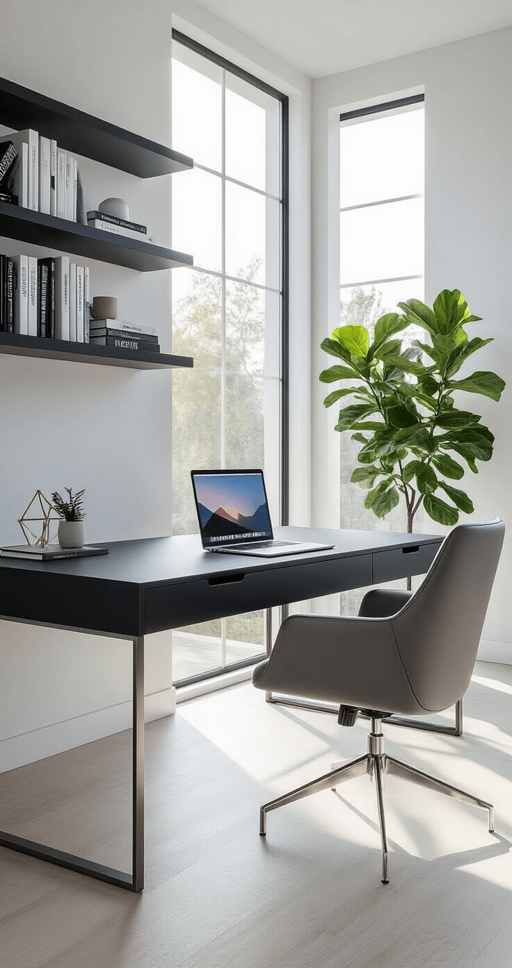 Ultra-modern home office featuring a sleek matte black desk and ergonomic gray leather chair, with floor-to-ceiling windows illuminating the minimalist white room, complete with a MacBook Pro, architectural cable management, floating shelves, and a potted fiddle leaf fig, captured in a 4K photorealistic rendering.