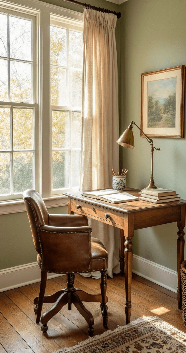 Cozy bedroom workspace with a wooden writing desk in a sunlit corner, featuring a vintage leather chair, an antique brass lamp, and a stack of handwritten journals, surrounded by soft sage green walls and weathered oak floors.