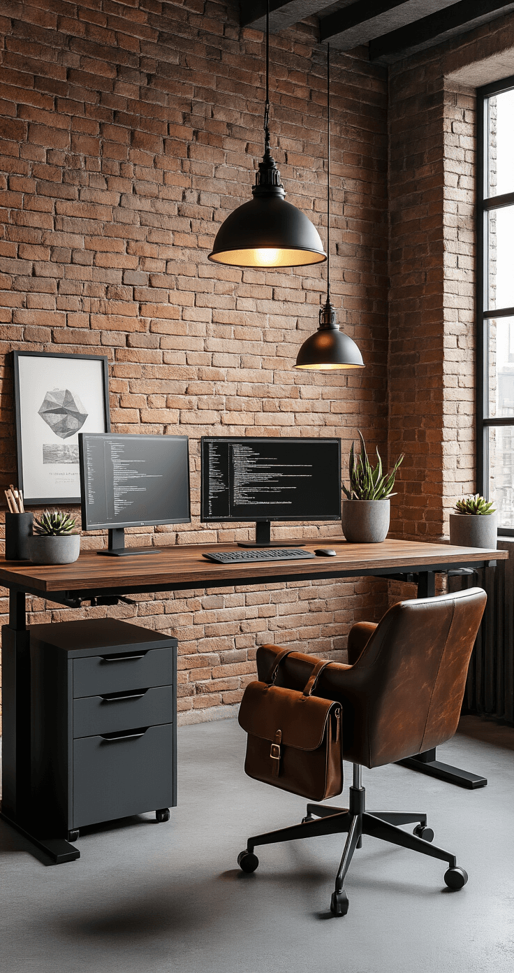 Industrial-chic home office featuring a height-adjustable dark walnut desk with a matte black frame, exposed brick wall, oversized pendant light, dual monitors, rolling charcoal gray filing cabinet, concrete floor, vintage leather bag on chair, minimalist art, and architectural succulent in a concrete planter, enhanced by dramatic side lighting.