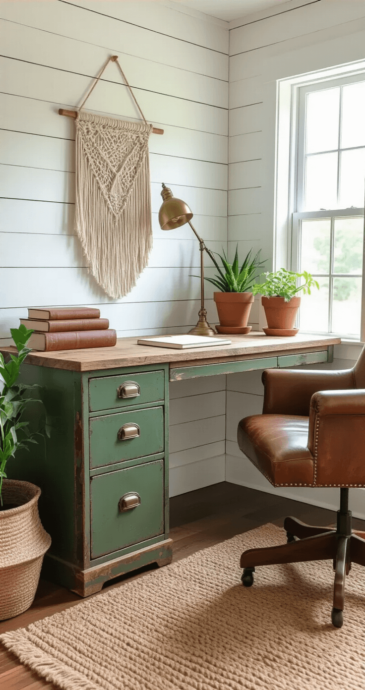 A cozy rustic farmhouse home office featuring a reclaimed wood corner desk, white shiplap walls, a vintage green metal filing cabinet, and terracotta potted plants, complemented by a macramé wall hanging and an antique brass task lamp, all bathed in soft natural light from an east-facing window. The space is styled with leather-bound notebooks, a woven jute rug, a distressed leather executive chair, and vintage Americana decor elements, creating a warm neutral color palette with rich textural details.