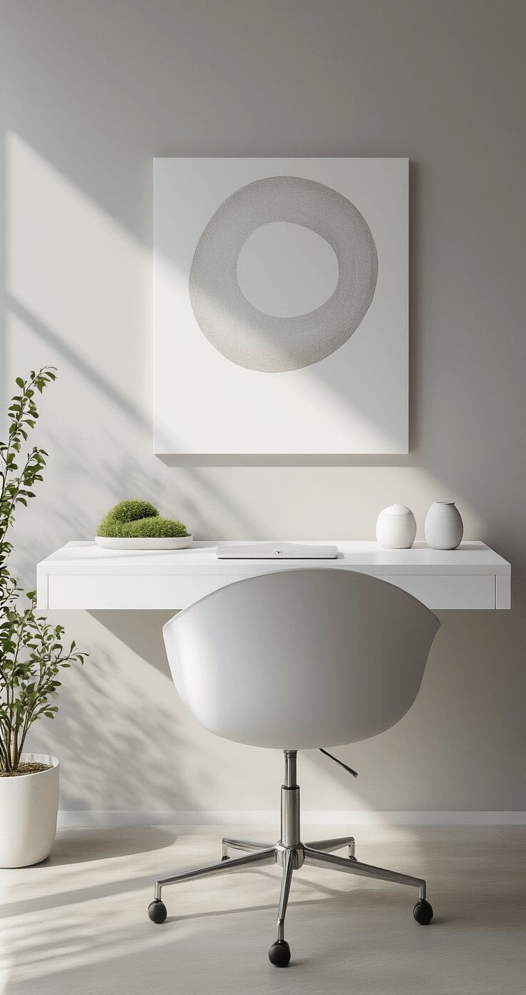 A sleek, minimalist urban studio featuring a floating wall-mounted desk with hidden storage, an ergonomic white chair, and a large abstract art piece, illuminated by soft morning light against clean gray walls.