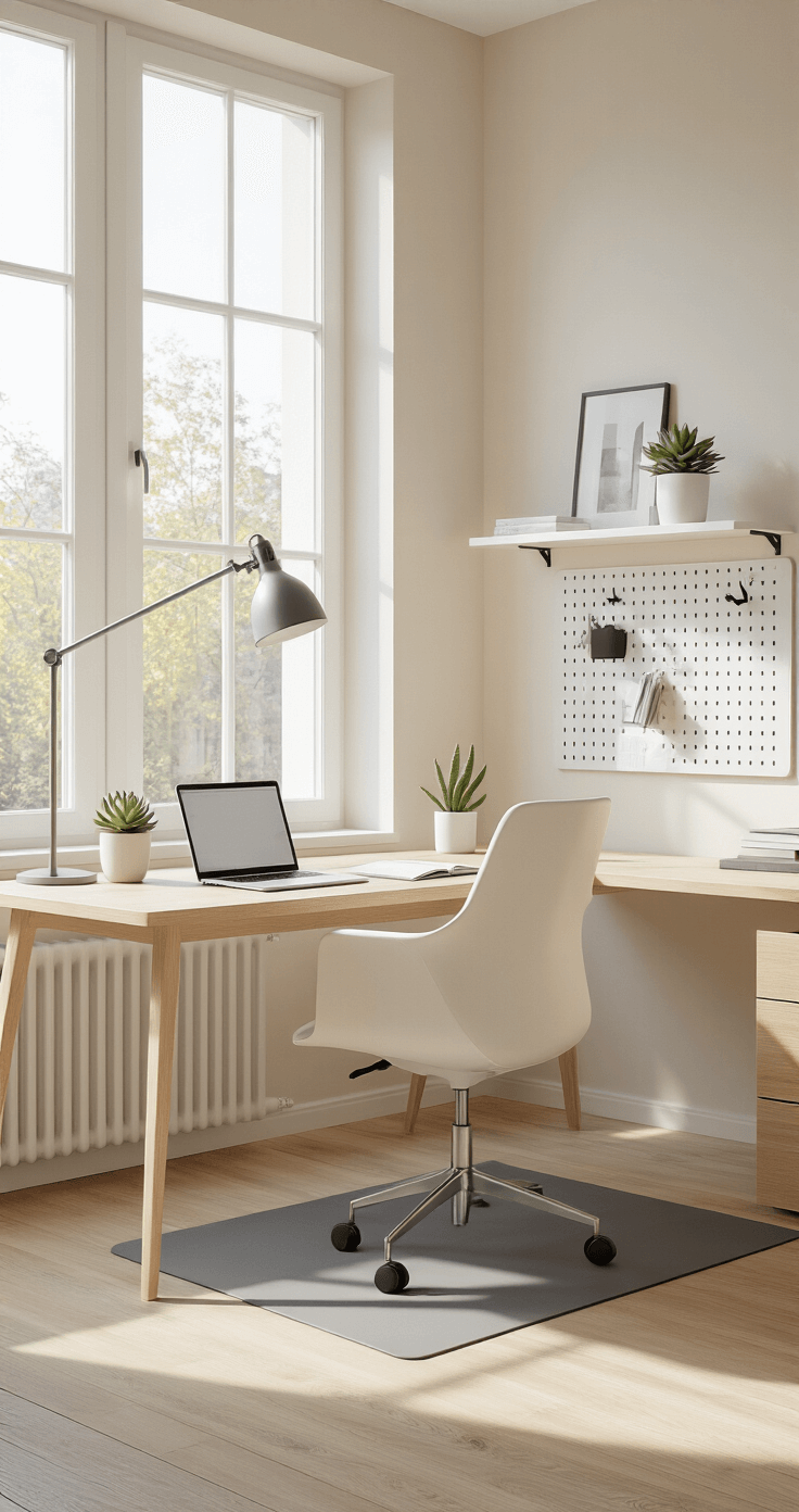 Ultra-realistic Scandinavian minimalist home office featuring a pale oak desk, white ergonomic chair, and soft morning light streaming through large windows, showcasing a clean and organized workspace with a laptop, notebook, and decorative elements against a serene backdrop of hardwood floors and cream walls.