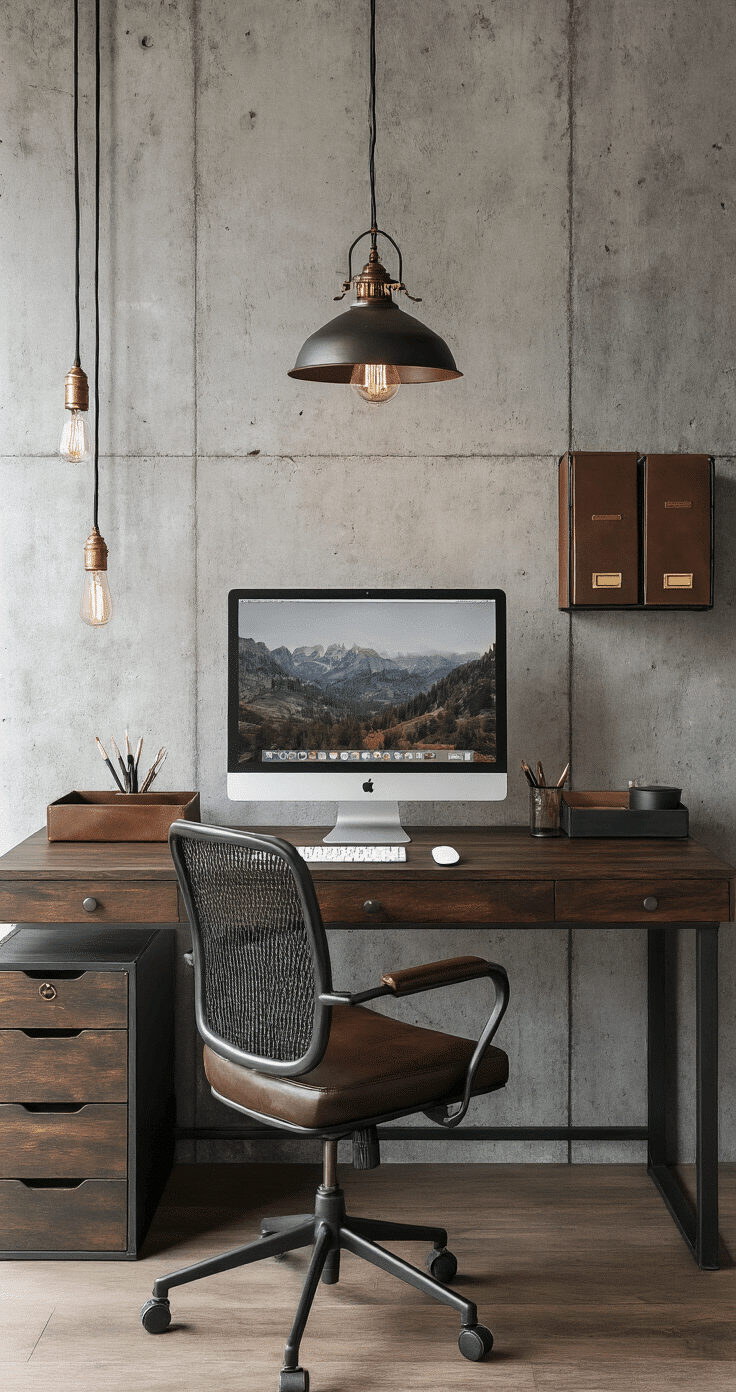 A modern productivity workspace featuring an industrial-chic design with a concrete accent wall, dark walnut desk, black metal task chair, vintage pendant light, and rich charcoal and warm bronze colors.