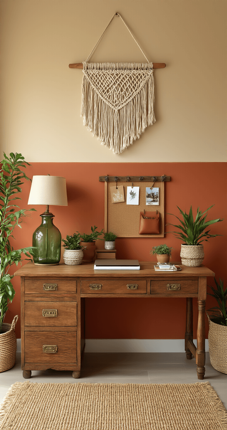 Warm bohemian home office with a terracotta accent wall, vintage wooden desk, woven jute rug, and eclectic organization featuring macramé wall hangings, plants, and soft afternoon lighting.