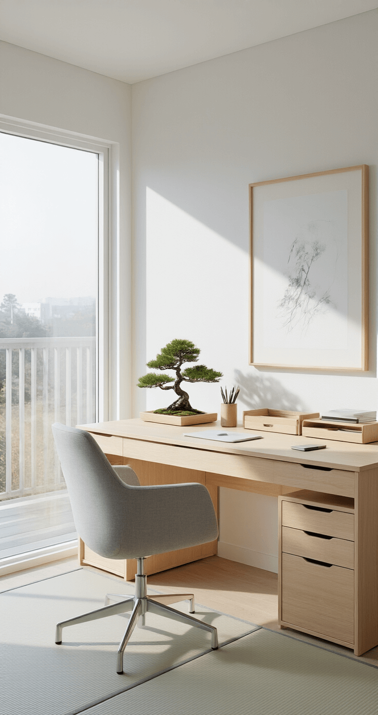 A contemporary minimalist workspace featuring Japanese-inspired design, with a pure white room, large windows, light maple wood desk with hidden storage, bamboo organizers, a small bonsai tree, and a soft gray ergonomic chair, all emphasizing simplicity and function.