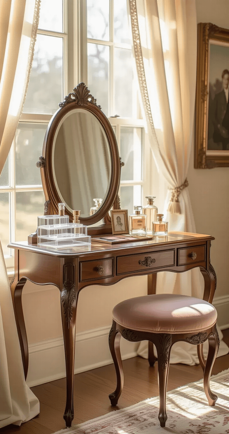 Photorealistic image of a vintage makeup vanity near a bay window, illuminated by soft morning light. The mahogany desk features curved cabriole legs with a distressed finish, topped with neatly arranged acrylic makeup organizers and a vintage brass mirror. A dusty rose velvet stool is positioned in front, with warm amber tones reflecting on the polished wood. The scene includes vintage perfume bottles, a silver-framed family photograph, and a soft watercolor painting in the background, captured from a Leica-style overhead perspective.