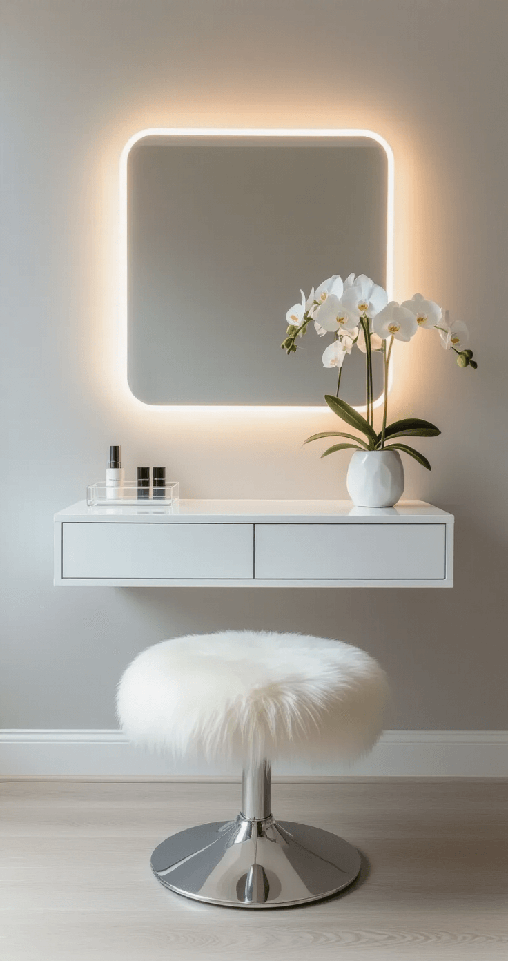 Minimalist Scandinavian bathroom featuring a white lacquer floating vanity and frameless mirror, illuminated by integrated LED side lighting, with clear acrylic makeup storage, a soft white sheepskin stool, pale wood flooring, and a single stem white orchid in a ceramic vase.