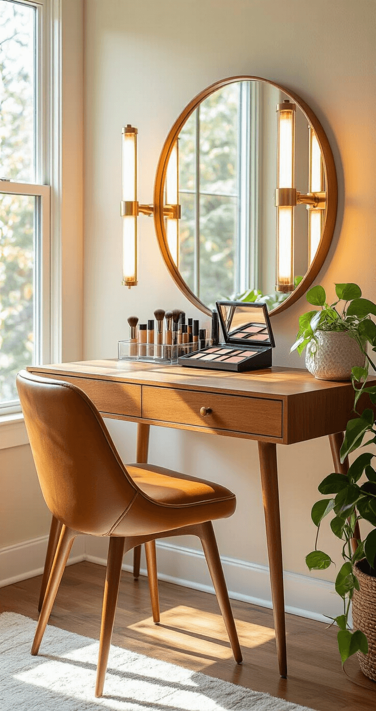 A mid-century modern makeup desk in a bright bedroom corner, featuring warm teak wood, brass LED vanity lights, a round mirror, and a sculptural chair with caramel leather. The desk showcases an organized makeup collection within a modular acrylic storage system, illuminated by soft morning light, with a vintage ceramic plant holder and trailing pothos adding a touch of greenery.