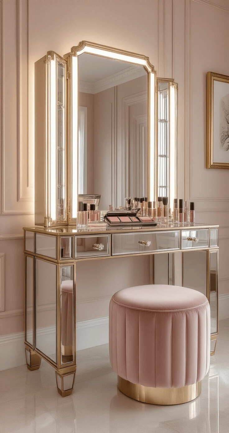 A glamorous mirrored vanity with a full-length triple-panel mirror in an Art Deco brass frame, set in a sophisticated bedroom with a blush and champagne color palette, featuring crystal and metallic makeup organizers, a plush dusty pink velvet stool, soft diffused lighting, and delicate gold-framed artwork in the background.