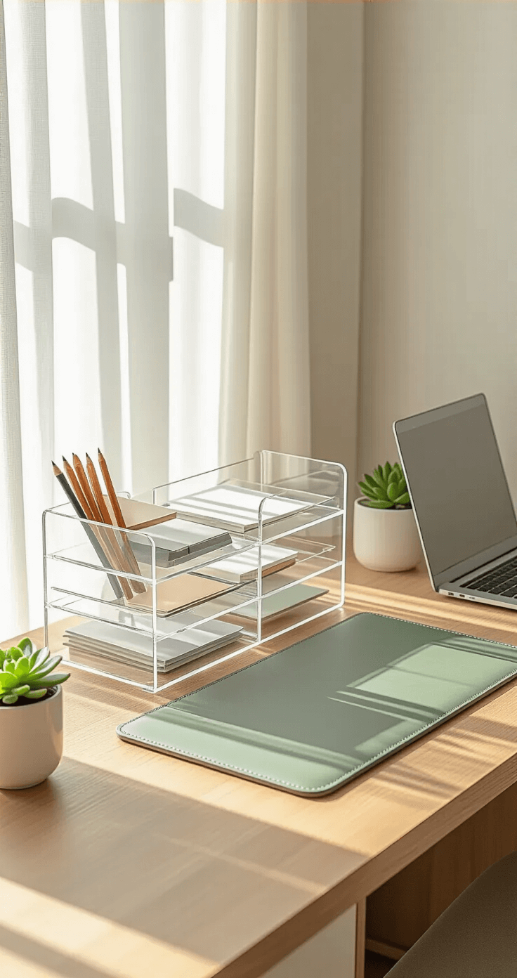 A modern home office with a sleek acrylic vertical desk organizer in morning light, showcasing organized stationery, a sage green leather desk pad, oak wood flooring, white walls, and a laptop stand, captured from a 45-degree overhead angle.
