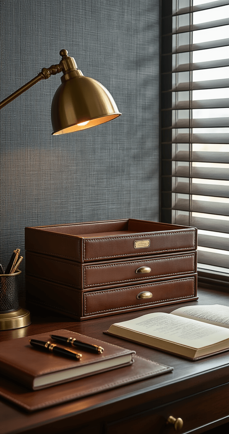 An executive workspace featuring a luxurious cognac brown leather letter tray system on a dark walnut desk, illuminated by a vintage brass desk lamp, with a brass pen holder, an open leather-bound notebook, and soft morning light streaming through venetian blinds.