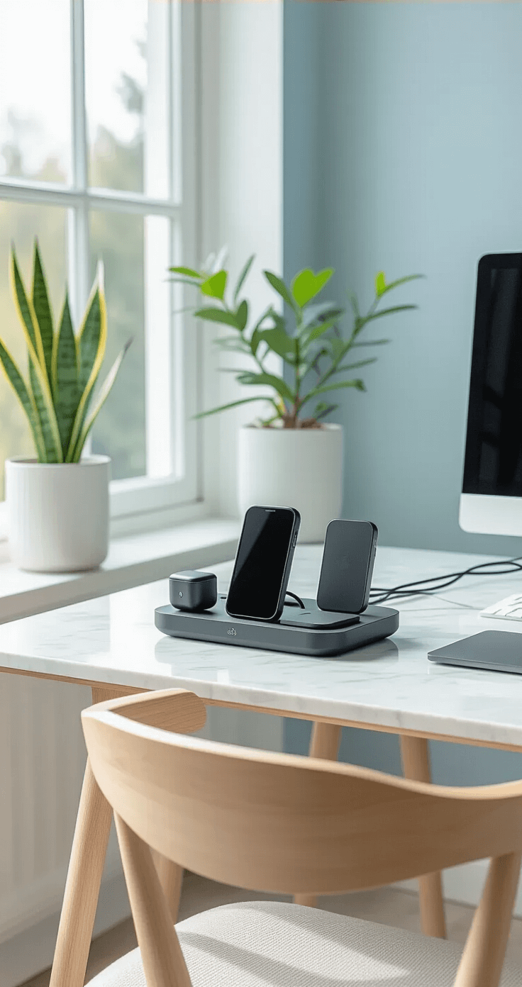 A minimalist Scandinavian-inspired home office with a marble desk, multi-device charging station, and pale blue accent wall, featuring natural light, clean lines, and discreet cable management.