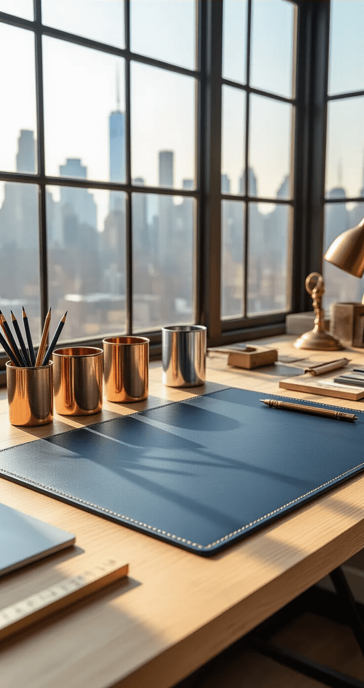 A creative workspace featuring a deep navy blue leather desk pad on a light oak desk with an industrial metal frame, adorned with pencil cups in copper, silver, and brushed gold, alongside watercolor pencils, architectural rulers, and a vintage brass letter opener, bathed in warm afternoon sunlight with an urban skyline view.