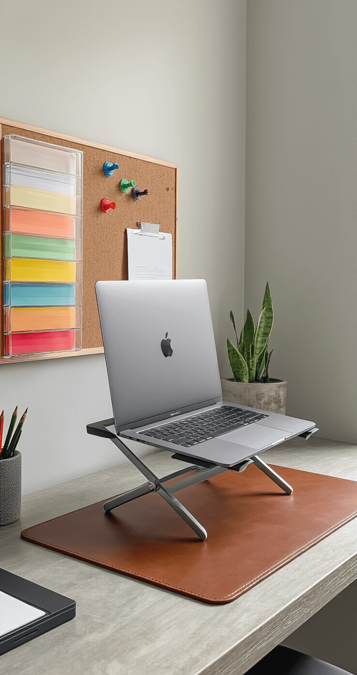 An ergonomic home office setup showcasing a laptop stand elevating a MacBook, resting on a chestnut brown leather desk pad, accompanied by vertical acrylic organizers, a cork board with decorative push pins, and a sleek docking station, all illuminated by soft natural light from an east-facing window.
