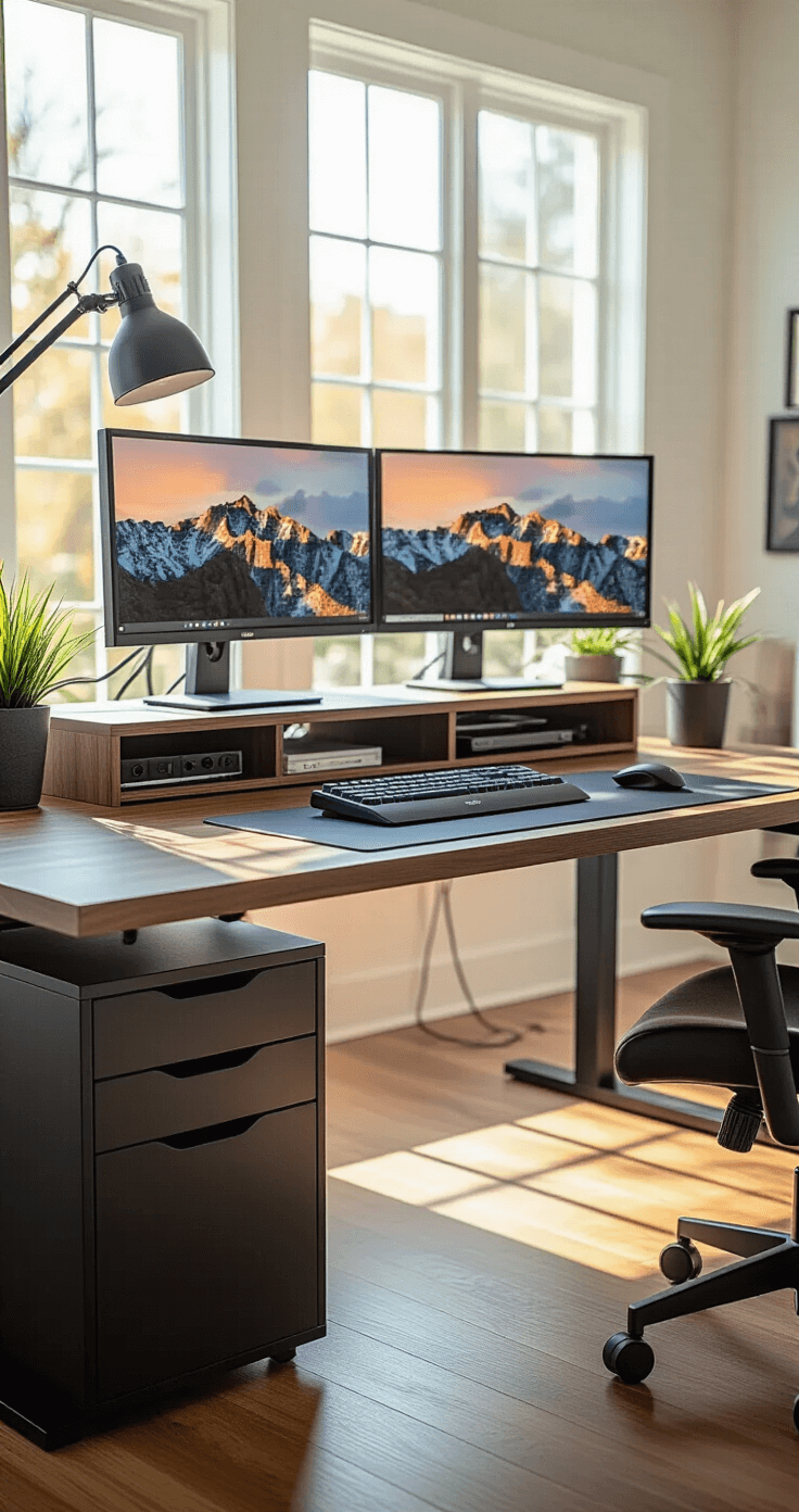 Modern home office desk setup with dual monitors, sleek cable management, ergonomic keyboard tray, and warm afternoon sunlight illuminating a walnut surface, shot at an angle to highlight organization and lighting.