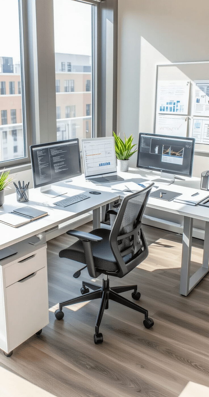 A bright and spacious corner office with an L-shaped desk featuring dual monitors, reference materials, and project planning boards, set against light gray walls and arranged for efficient workflow, captured from an elevated angle.