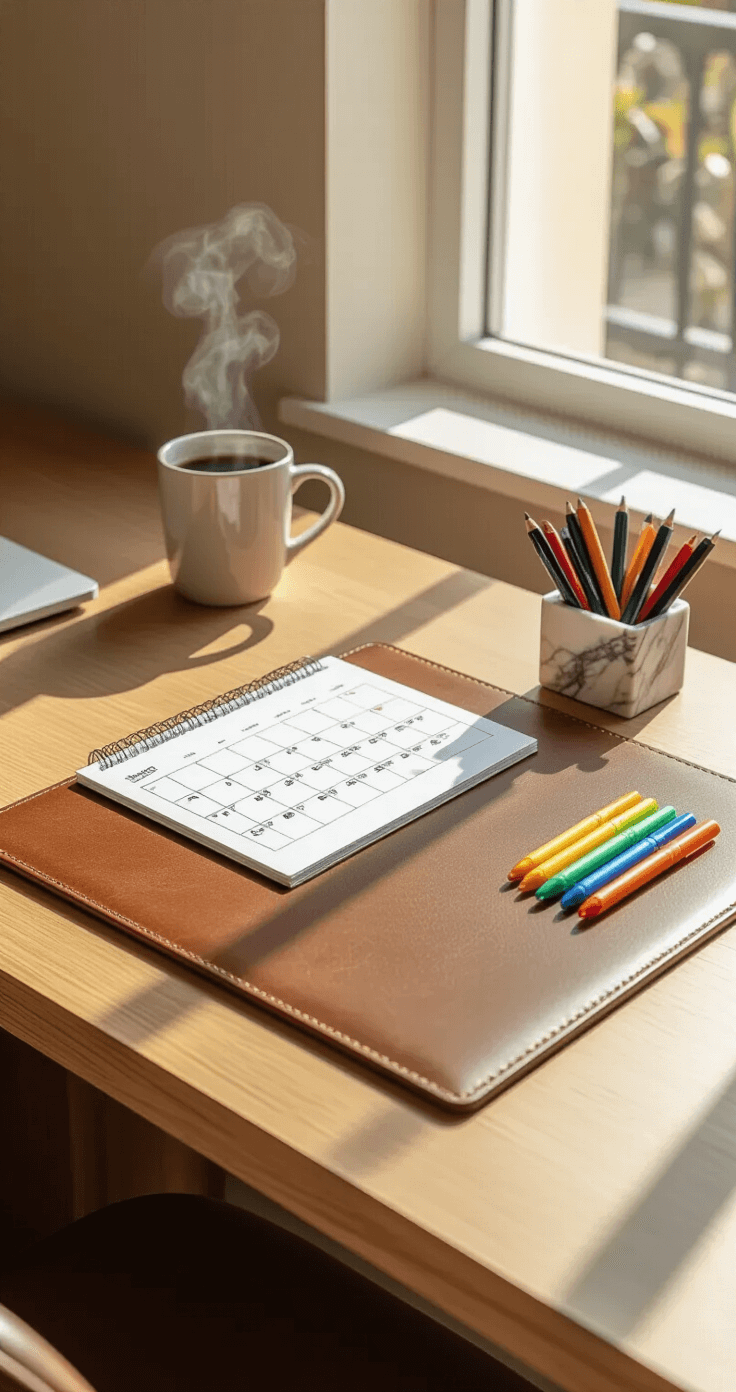 Modern home office interior with sleek wooden desk, large window, elegant leather-bound desk pad calendar, colorful highlighters, coffee mug, premium gel pens in marble holder, warm wood tones, soft beige walls, minimalist decor, overhead angle, soft natural lighting, and organized workspace.