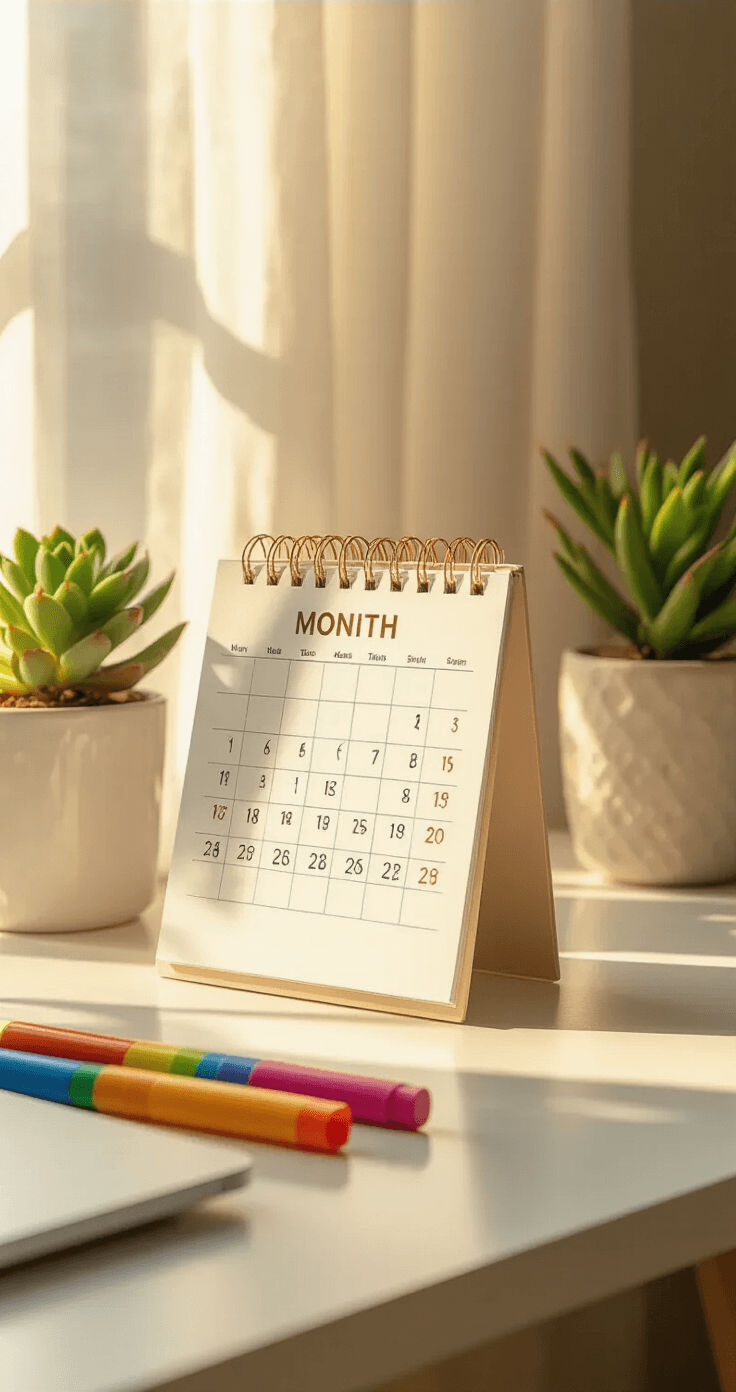 An intimate workspace featuring a compact flip-style monthly desk calendar on a white lacquered desk, illuminated by golden hour sunlight. Surrounding it are colorful highlighters, a small potted succulent, and a partially visible laptop, all in a serene setting with crisp whites, warm golds, and bright accents. The calendar displays handwritten appointments, showcasing an organized atmosphere with soft lighting and gentle shadows.