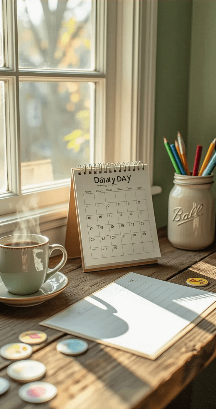 A cozy corner desk setup with a tear-off daily calendar on a rustic wood surface, morning light illuminating it, a steaming ceramic coffee cup, motivational stickers, and colored pens in a mason jar, against soft sage green walls.