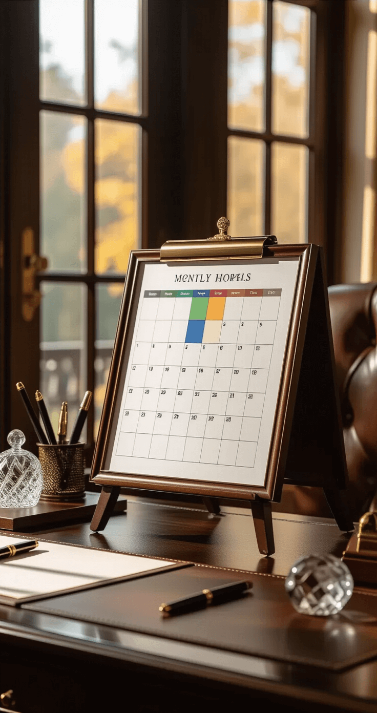 An elegant executive workspace featuring a premium easel-style desk calendar in focus, set on a dark mahogany desk with luxury accessories, illuminated by late afternoon light creating dramatic shadows.