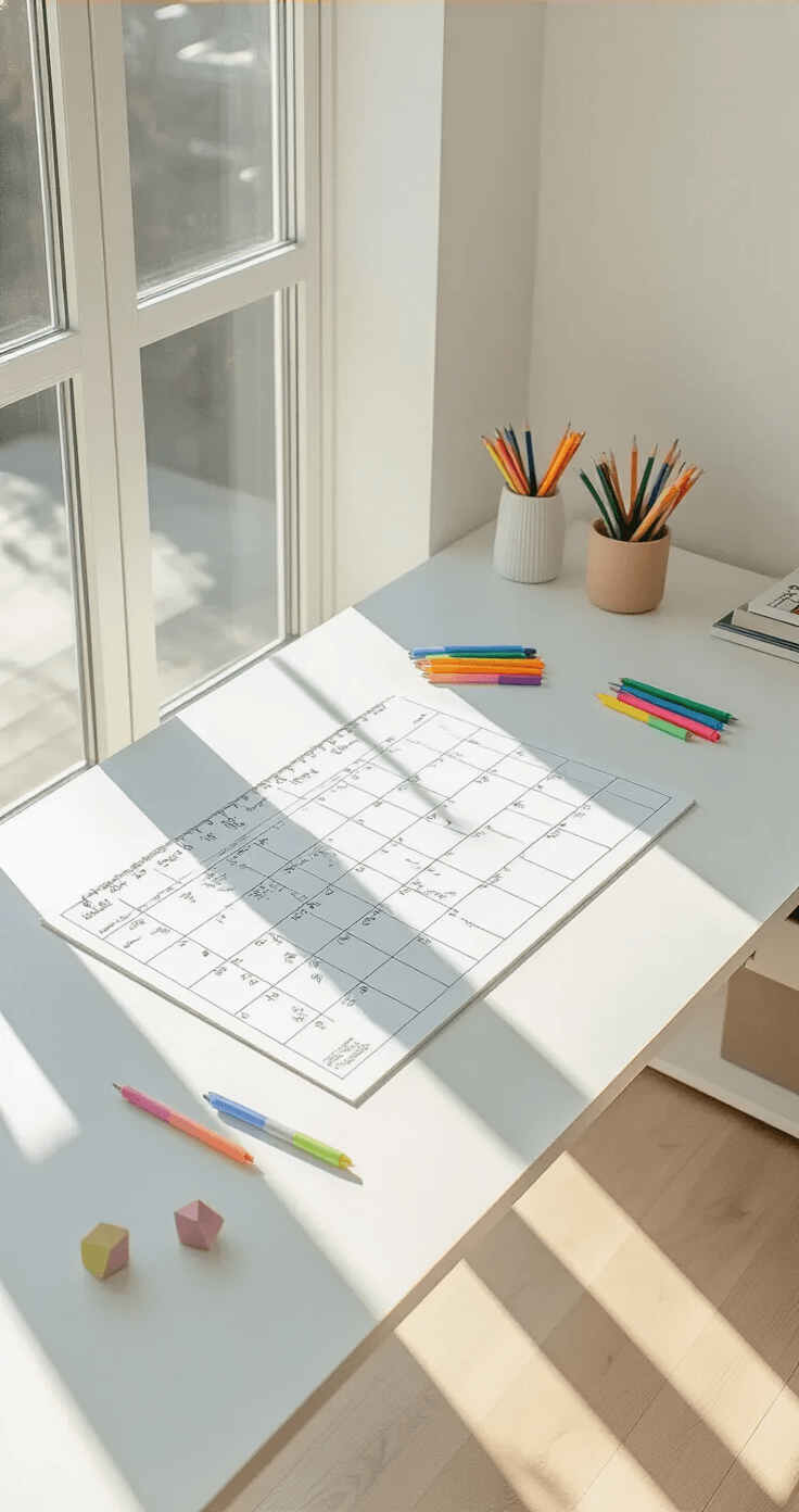 A bright, minimalist workspace with a large desk pad calendar on a white standing desk, illuminated by morning light through floor-to-ceiling windows, capturing colorful gel pens and geometric desk accessories in pastel tones in a flat-lay composition.