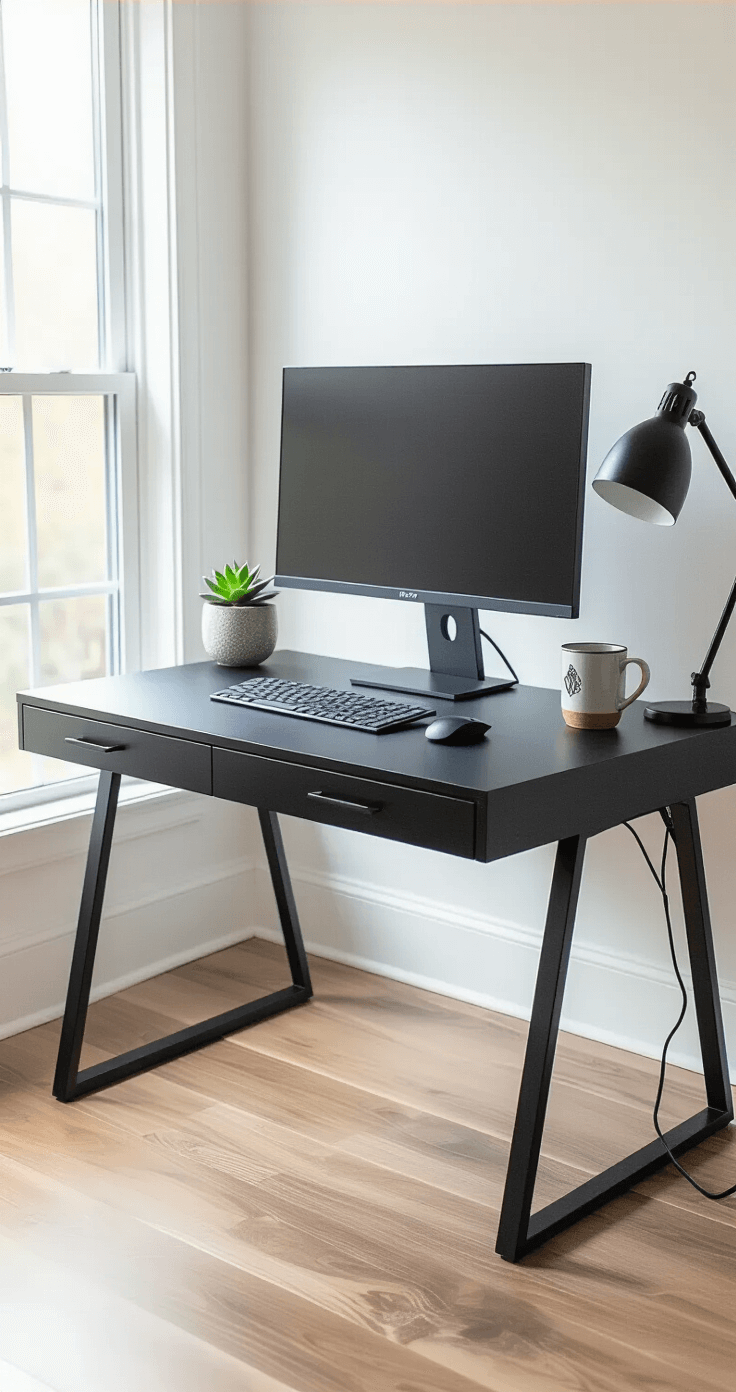 A modern home office with a black computer desk against a white wall, featuring natural light, a 27-inch monitor, a wireless keyboard, a succulent, and a coffee mug, all on light oak hardwood floors, complemented by a gray ergonomic chair and white floating shelves in a Scandinavian-inspired style.