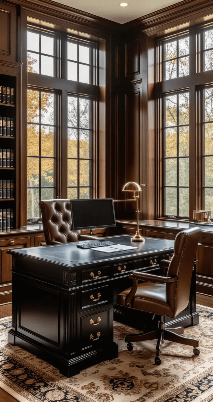 Elegant executive office interior featuring a central 60-inch black wooden desk with a dual monitor setup, surrounded by rich mahogany paneling, large windows, and a high-back cognac leather chair, illuminated by warm golden hour sunlight.