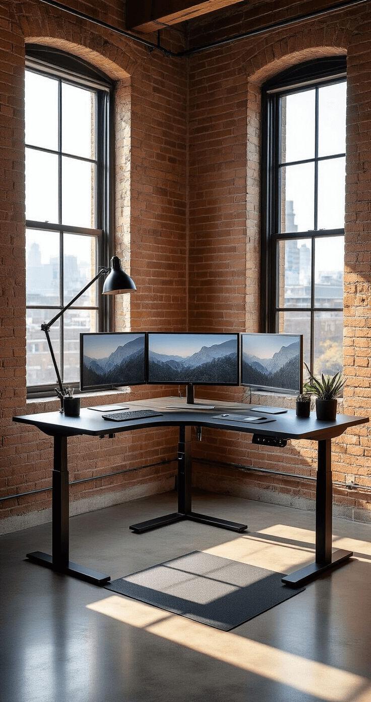 A modern corner office with an L-shaped black standing desk, dual monitors on articulating arms, and natural light streaming through windows, featuring exposed brick walls and polished concrete floors.