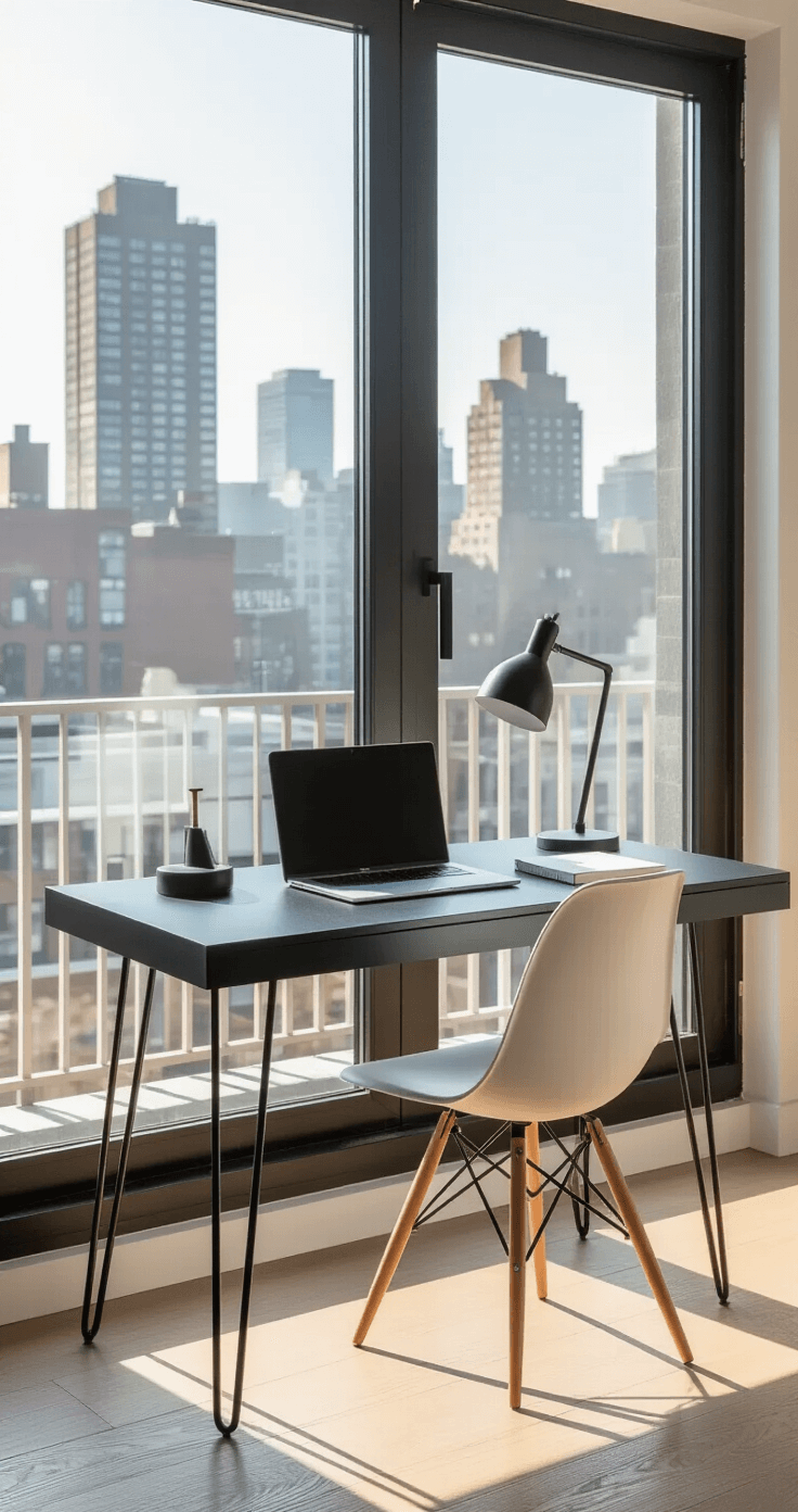 Minimalist home office with a black writing desk, laptop, and notebook against floor-to-ceiling windows, featuring soft morning light, white oak flooring, a streamlined white ergonomic chair, and a neutral palette.
