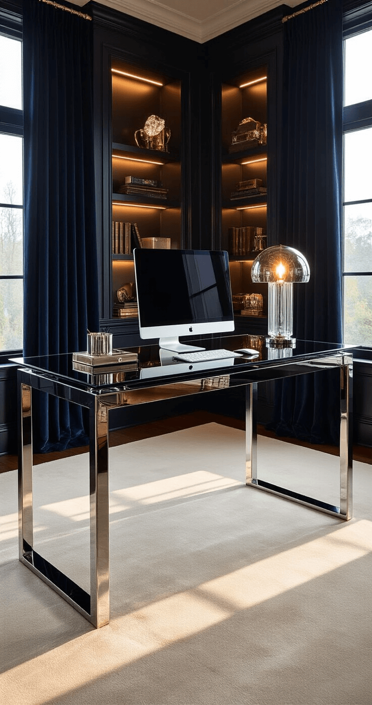 A sophisticated study with a black glass desk, sleek chrome legs, and elegant decor, featuring warm tungsten lighting, a premium monitor, and curated desk accessories, set against deep navy walls and rich velvet curtains.