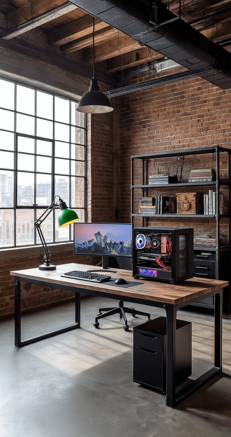 A contemporary industrial loft office with a sturdy black metal desk, exposed beams, large factory-style windows, and distressed brick walls, featuring a gaming monitor setup and vintage accessories, captured from desk level.