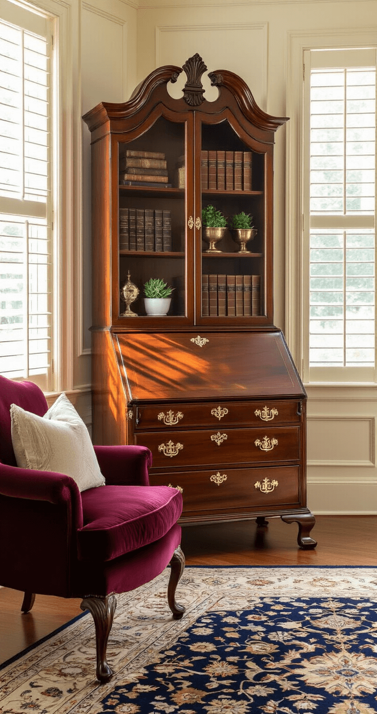 Elegant living room corner featuring a Chippendale secretary desk in mahogany, illuminated by golden hour sunlight, with cream-colored wainscoting, decorative brass hardware, and a plush burgundy velvet armchair nearby, all anchored by a deep blue and gold Persian rug.
