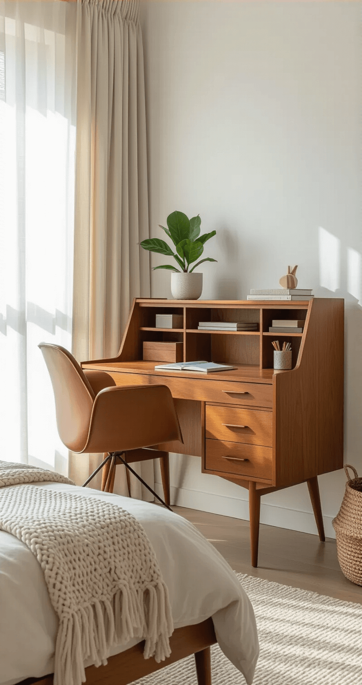Interior minimalist bedroom with a teak secretary desk, filled with office supplies and a fiddle leaf fig, bathed in soft morning light through sheer curtains, featuring a cognac leather Eames-style chair, a chunky knit throw on the bed, and a geometric wool rug.