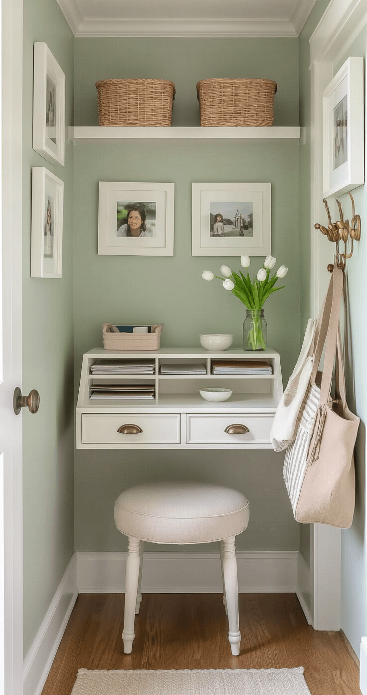 Interior photograph of a cozy hallway transformed into a functional command center with a wall-mounted desk, organized mail sorters, and decorative elements, illuminated by afternoon light, featuring sage green walls and vintage brass hooks.