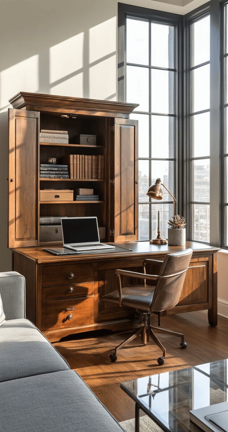 Interior of a stylish studio apartment featuring a rich walnut armoire secretary desk with doors open, revealing a hidden office setup bathed in warm late afternoon sunlight, casting shadows on hardwood floors. A modern gray sectional sofa and glass coffee table complement the space.