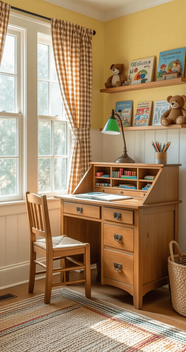 Interior photograph of a child's bedroom featuring a honey oak Mission-style secretary desk with colorful art supplies, a child-sized wooden chair, yellow walls, and vibrant decor, illuminated by warm morning sunlight.