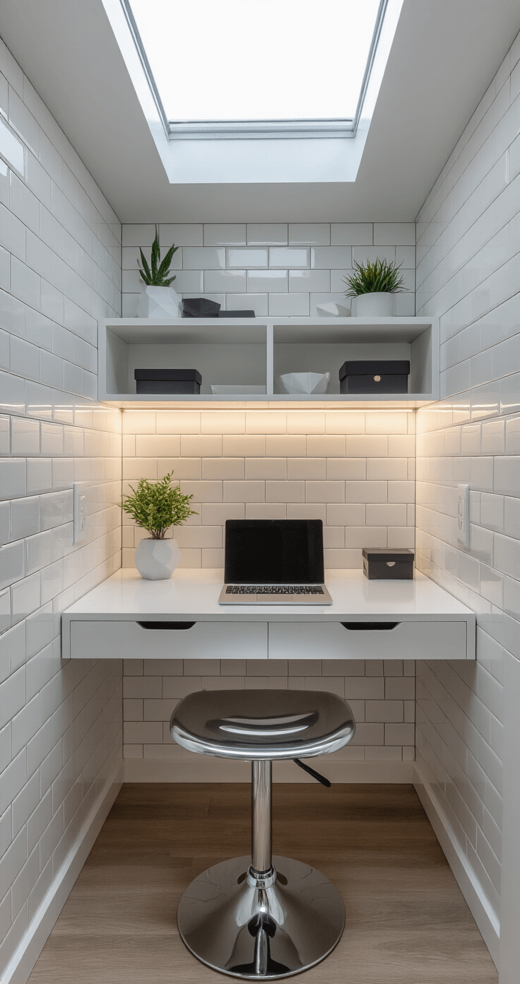 Interior of a sleek ultra-modern tiny home showcasing a glossy white wall-mounted secretary desk with hidden LED lighting, complementing a minimalist workspace and bright afternoon light from a skylight.