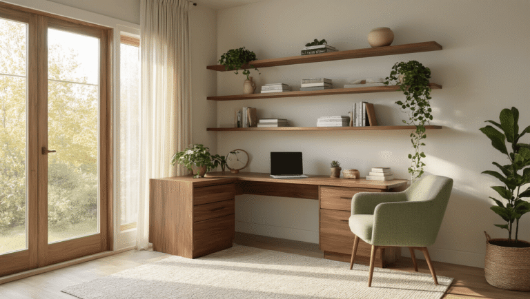 Ultra-realistic bedroom corner workspace with a walnut L-shaped desk, sage green mid-century chair, and light oak floating shelves, all bathed in golden morning light.