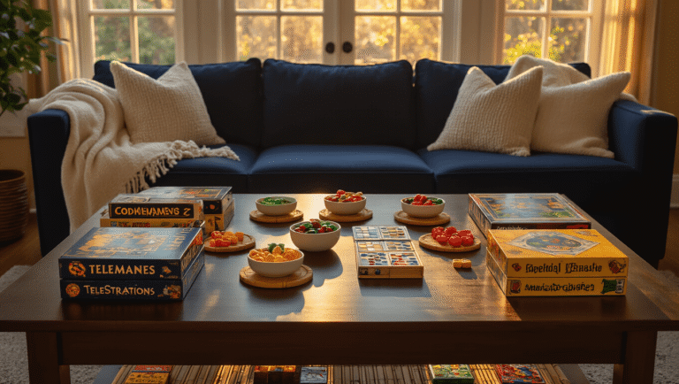 Cinematic overhead view of a dark walnut coffee table set up for a board game party, featuring arranged games like Codenames and Telestrations, colorful snacks in ceramic bowls, bamboo coasters, and warm lighting, with a navy sectional sofa in the background.