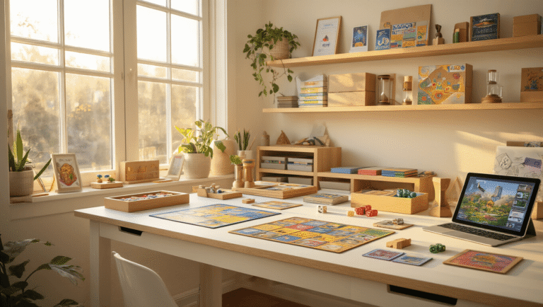 A warm home office corner transformed into a game design studio, featuring a white oak drafting table with colorful game prototypes and components, illuminated by golden hour lighting, with sketches, eco-friendly packaging, and AR tools highlighting a creative workspace.