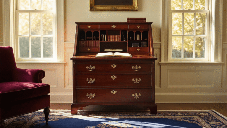Cinematic interior featuring a Chippendale secretary desk in mahogany, illuminated by golden hour sunlight, with organized vintage writing supplies, a burgundy velvet armchair, and a deep blue Persian rug, creating a warm and inviting atmosphere.