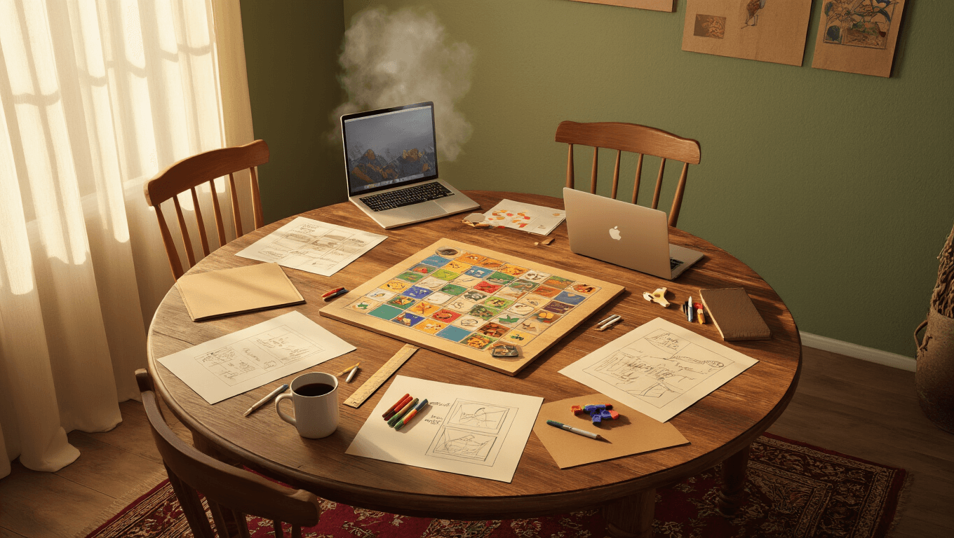 Cinematic overhead view of a rustic oak dining table filled with board game prototypes, craft materials, and design notes, bathed in warm golden hour sunlight, with textured sage green walls and a cozy rug.