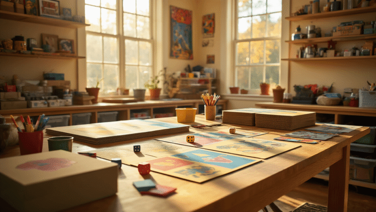 A spacious craft room with a large oak table covered in colorful board game prototype materials, including poster boards, markers, and dice, illuminated by warm afternoon sunlight.
