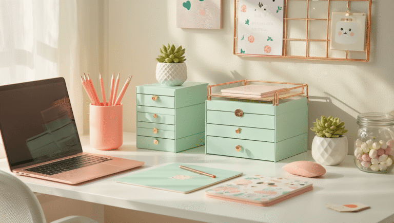 Cinematic overhead view of a modern home office with pastel desk decor, including a coral pink pencil holder, mint green drawers, and a rose gold laptop stand, all illuminated by warm morning sunlight.