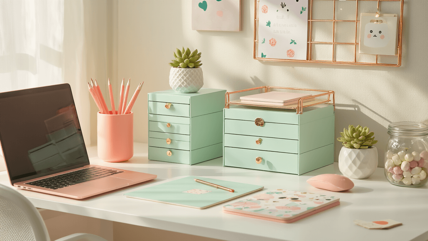 Cinematic overhead view of a modern home office with pastel desk decor, including a coral pink pencil holder, mint green drawers, and a rose gold laptop stand, all illuminated by warm morning sunlight.