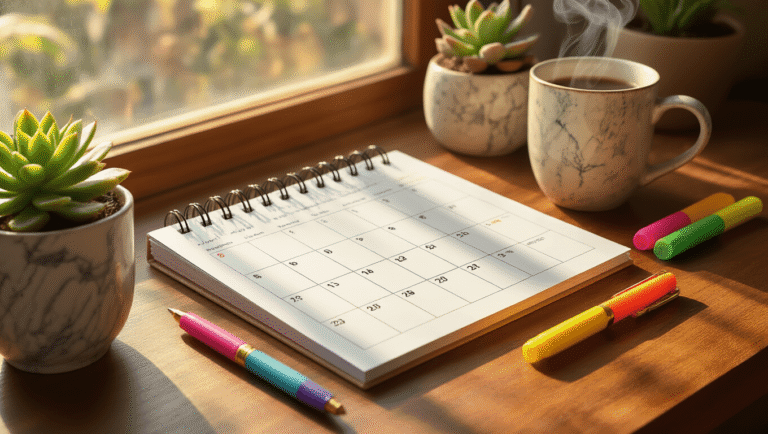 Warm home office scene with a flip-style desk calendar on a walnut surface, colorful gel pens and highlighters scattered around, a steaming coffee mug, and a succulent plant, all bathed in golden hour sunlight and soft shadows.