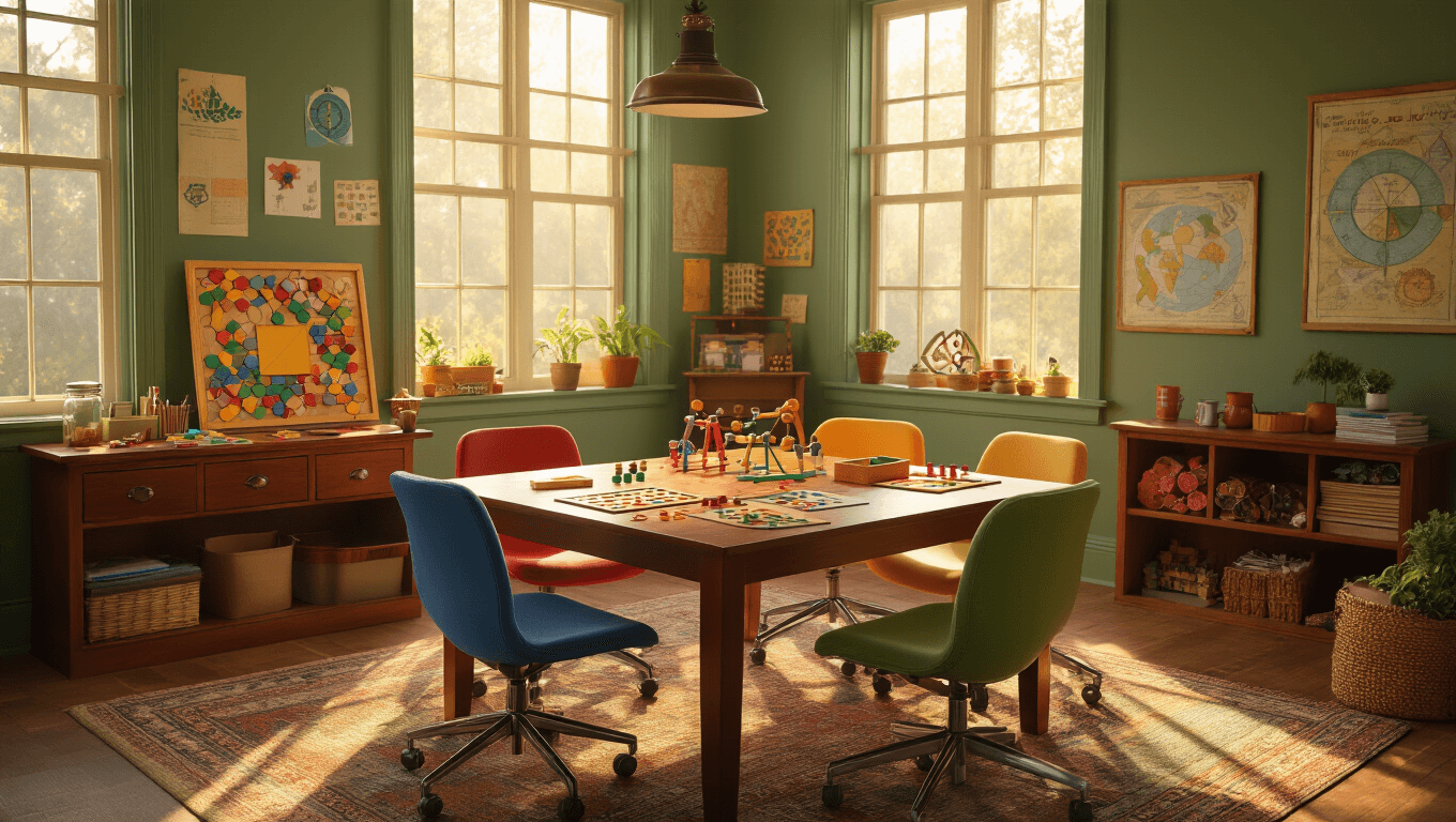 A cozy classroom corner with a rich mahogany table, colorful ergonomic chairs, and warm sunlight highlighting handcrafted educational board games, student artwork, and craft supplies, creating an inviting learning environment.