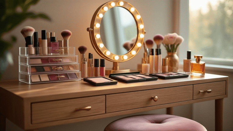 Cinematic close-up of a stylish makeup vanity featuring a warm teak wood desk, illuminated by brass LED lights, with a circular mirror, organized acrylic storage filled with colorful cosmetics, soft morning light, a plush dusty rose stool, vintage perfume bottles, and artfully arranged makeup brushes, all captured with shallow depth of field to highlight luxurious textures.