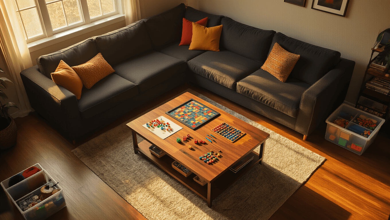 Cinematic overhead view of a modern living room during golden hour, showcasing a walnut coffee table with blank game boards and colorful markers, surrounded by a charcoal sectional sofa and gleaming hardwood floors, highlighted by soft pendant lighting and organized game pieces.